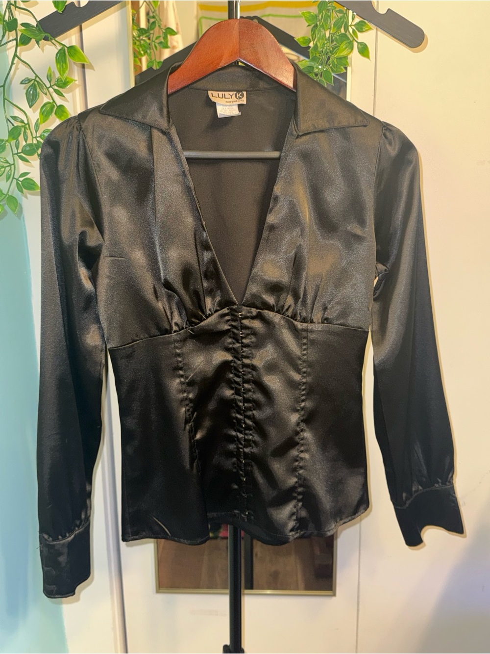 Luly K NYC Black Satin Ruched Corset Blouse Y2K Hook Eye Top Made USA